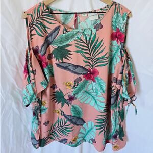 Juna Rose Top Sz 18 Pink Tropical Floral Cold Shoulder Short Sleeve Blouse